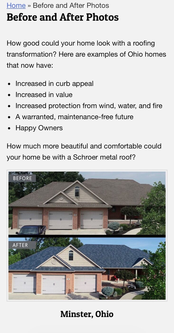Roofing company before and after project page