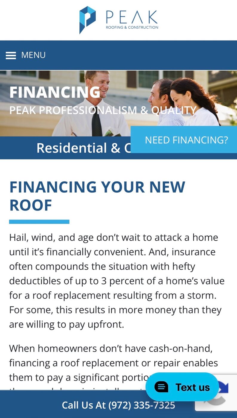 Roofing company financing information page