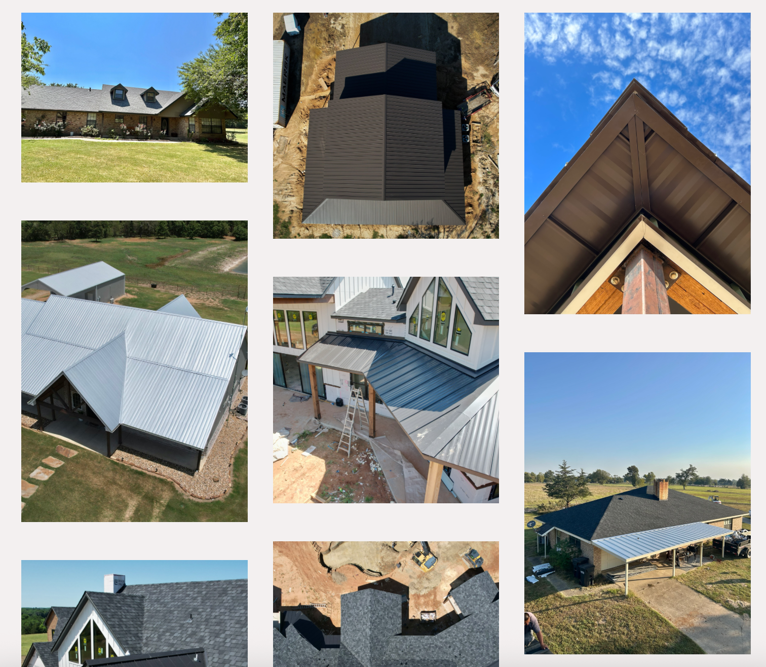 Roofing company project gallery showing completed shingle and metal roof work