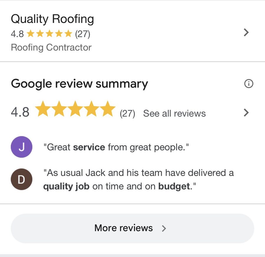 Google review summary for a roofing contractor