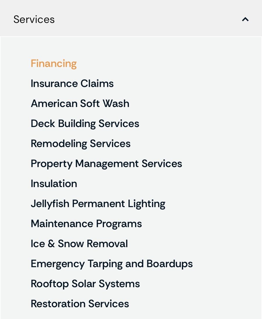 Roofing company services menu